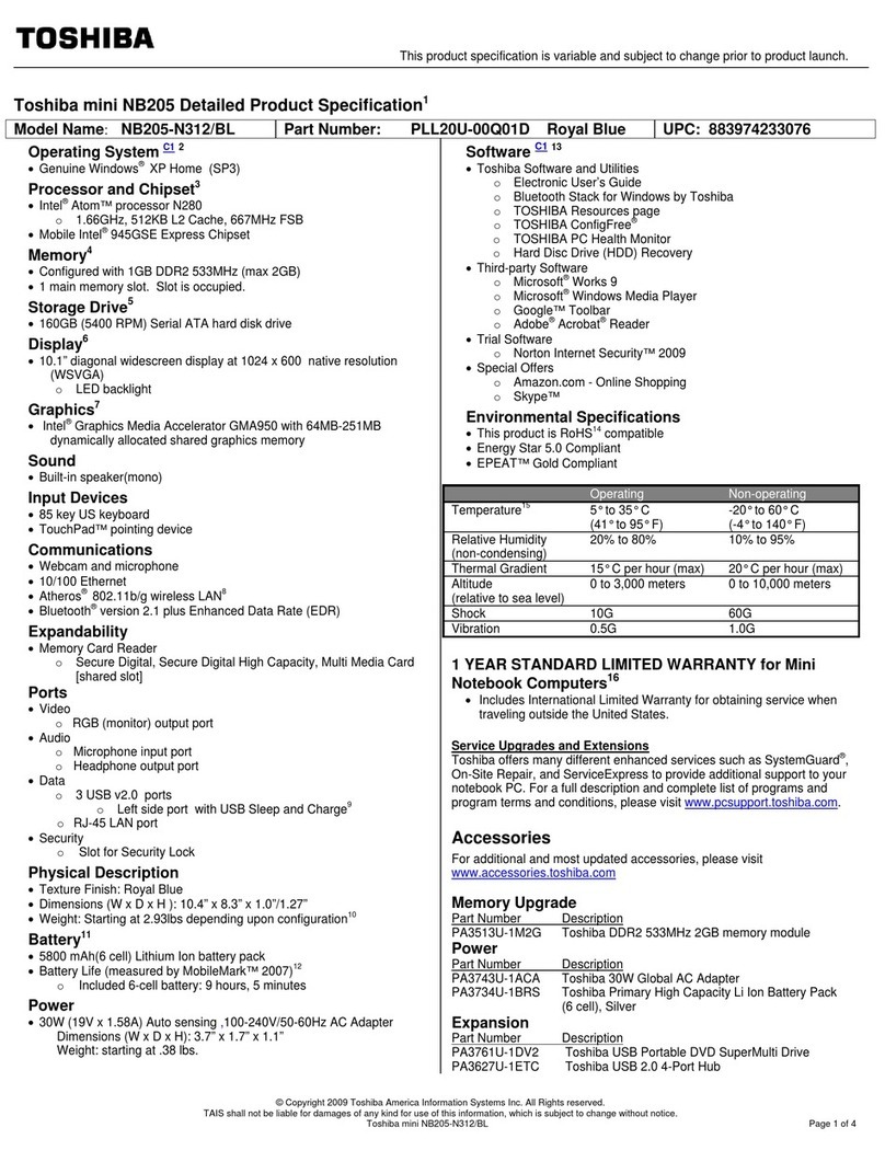 Toshiba NB205-N312 Specifications