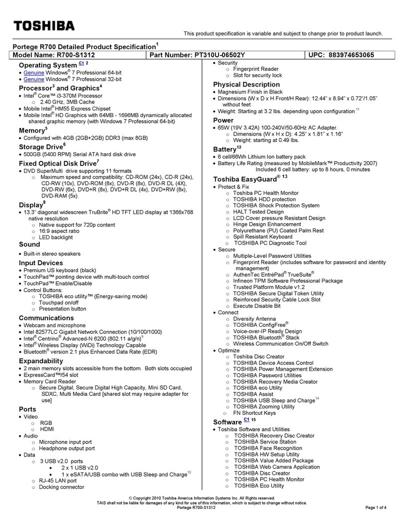 Toshiba R700-S1312 Specifications