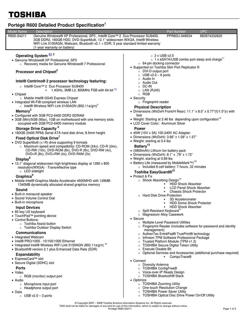 Toshiba Portege R600-S4211 User manual