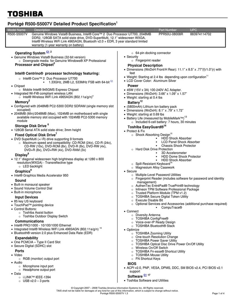 Toshiba R500 S5007V - Portege - Core 2 Duo 1.33 GHz User manual
