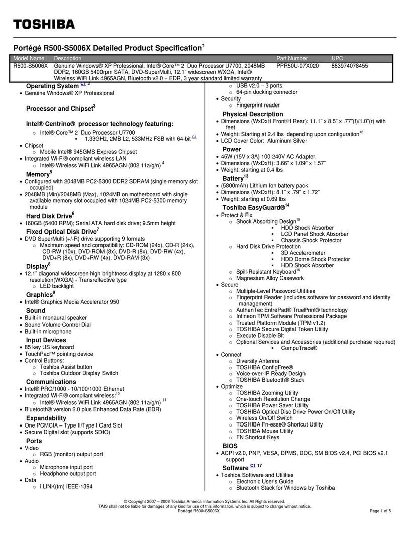 Toshiba R500 S5006X - Portege - Core 2 Duo 1.33 GHz User manual