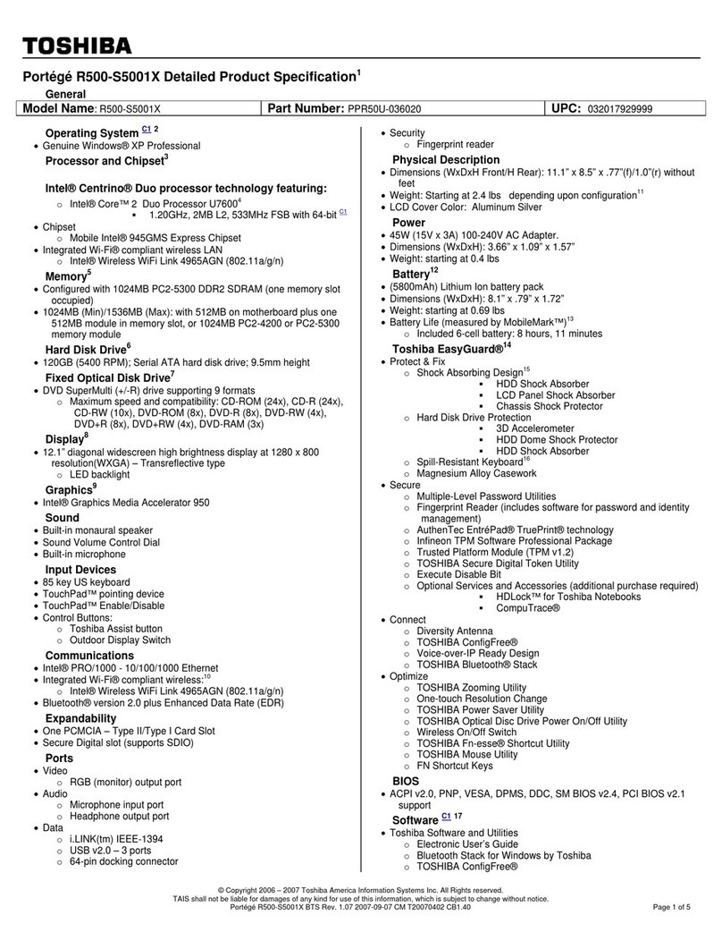 Toshiba R500 S5001X - Portege - Core 2 Duo 1.2 GHz User manual