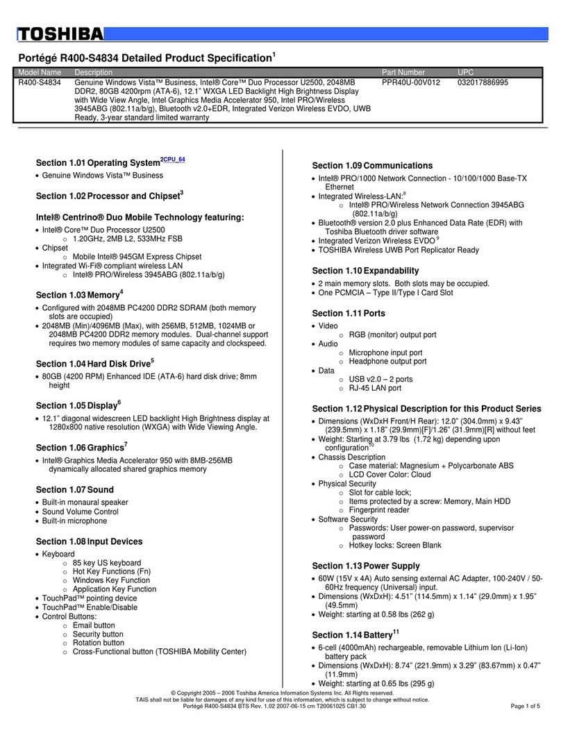 Toshiba R400 S4834 1.2 Specifications