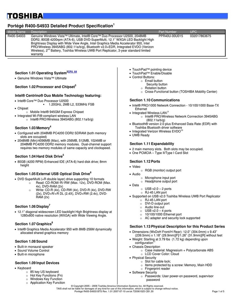 Toshiba R400-S4933 Detailed product specification