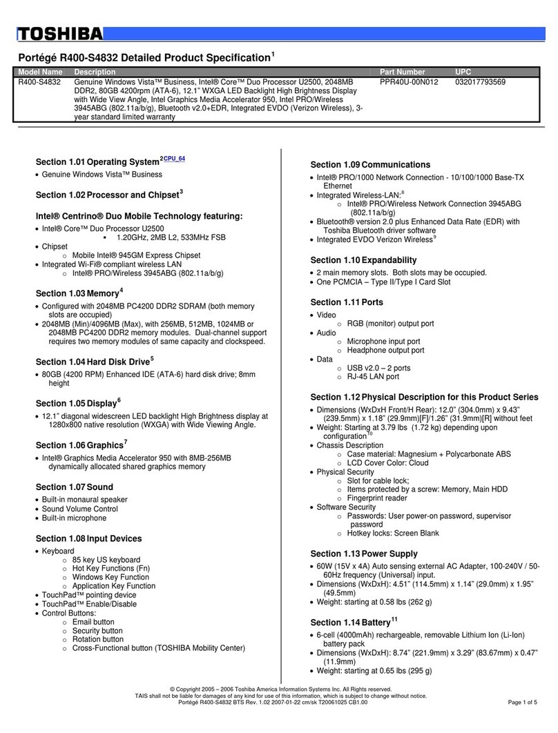 Toshiba R400 S4832 - Portege - Core Duo 1.2 GHz Installation instructions Toshiba R400 S4832 - Portege - Core Duo 1.2 GHz Installation instructions