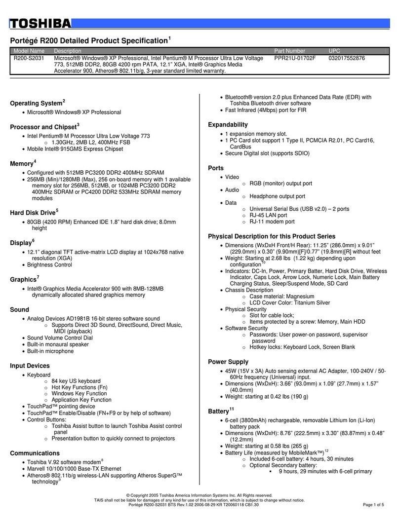 Toshiba R200-S2031 Specifications