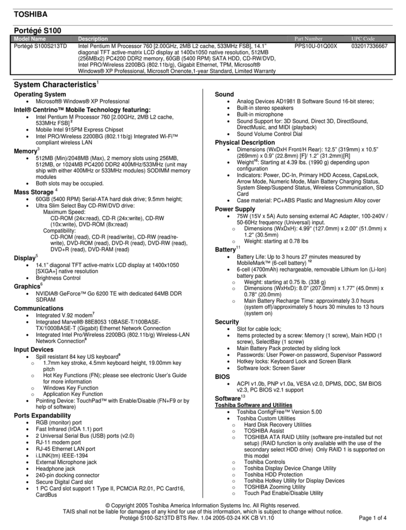 Toshiba S100-S213TD Specifications