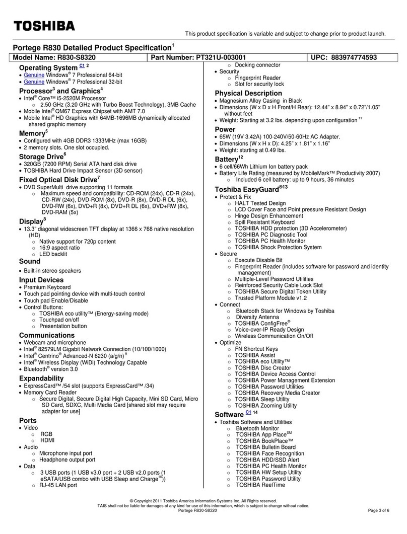 Toshiba R830-S8320 Specifications