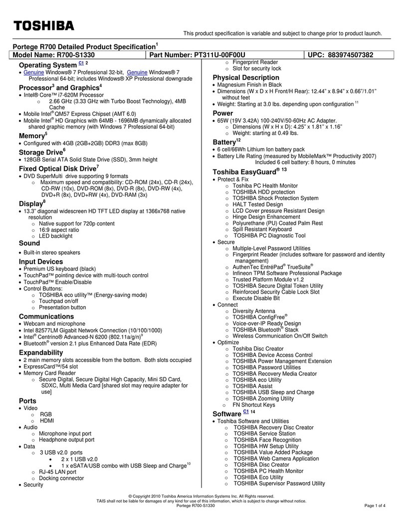 Toshiba R700-S1330 Specifications