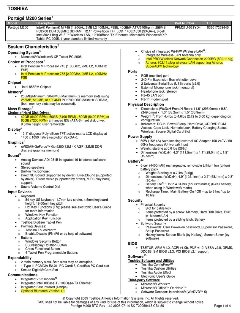 Toshiba M200 - Portege - Pentium M 1.5 GHz Characteristics