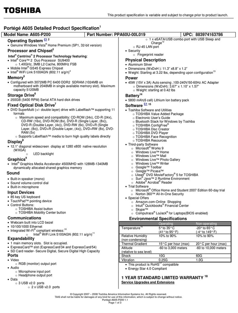 Toshiba A605 P200 - Portege - Core 2 Duo 1.4 GHz User manual