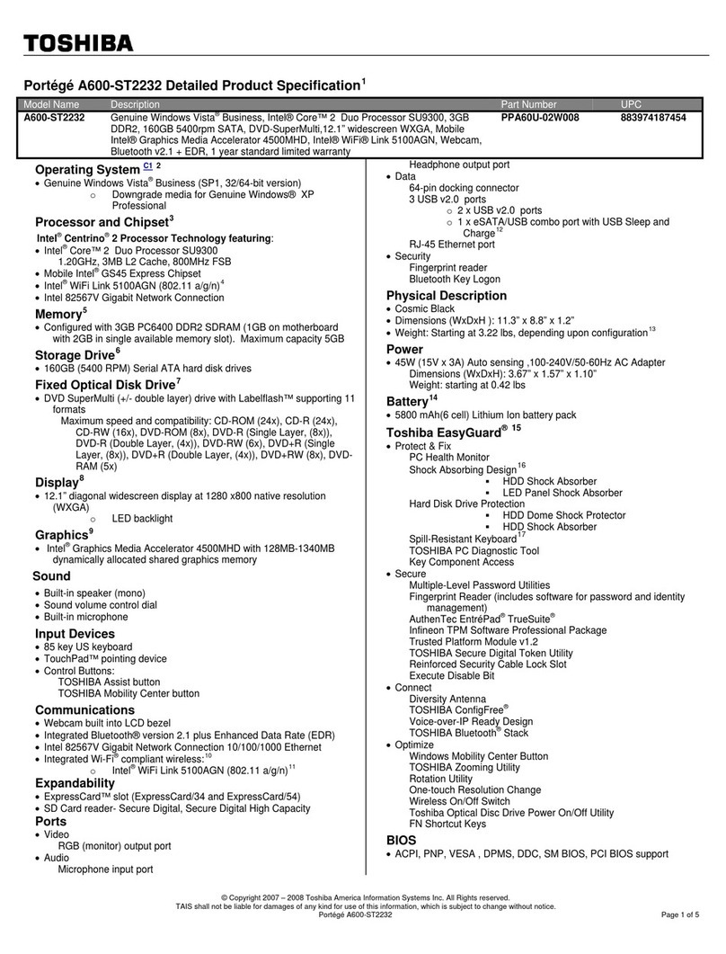 Toshiba Portege A600-ST2232 Specifications