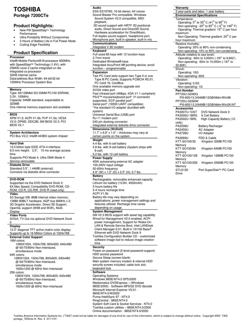 Toshiba Portege 7200CTe Specifications