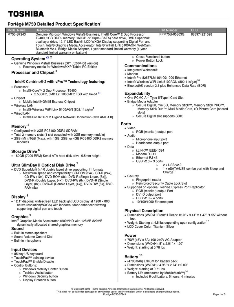 Toshiba M750-S7243 Specifications
