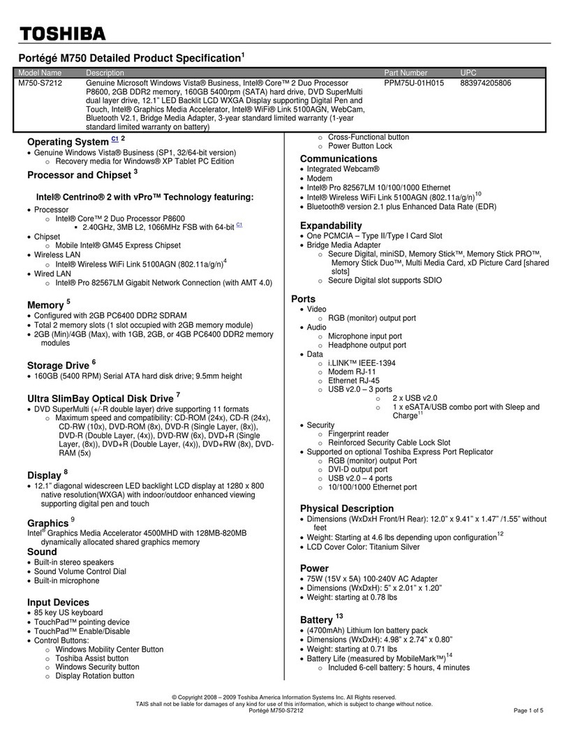 Toshiba M750-S7212 Specifications