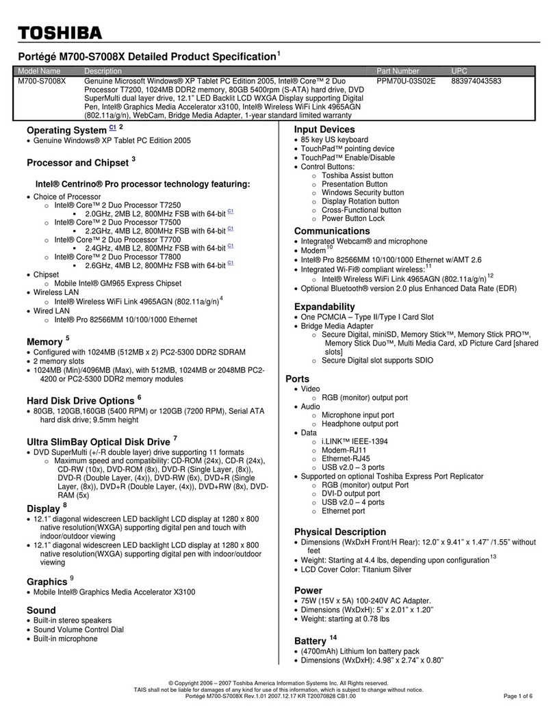 Toshiba Portege M700-S7008X Specifications