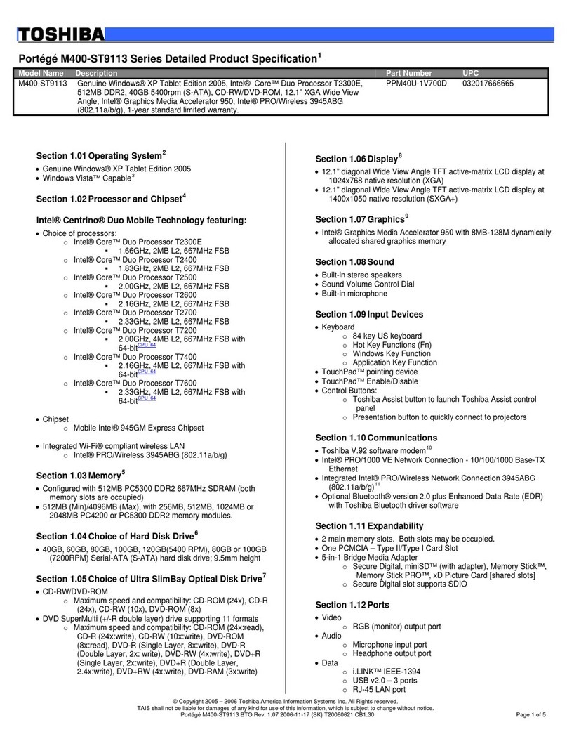 Toshiba Portege M400-ST9113 Specifications