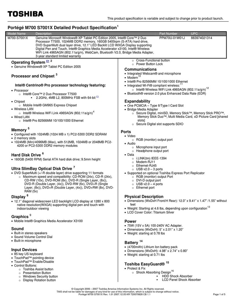 Toshiba M700-S7001X - Portege - Core 2 Duo 2.2 GHz Specifications