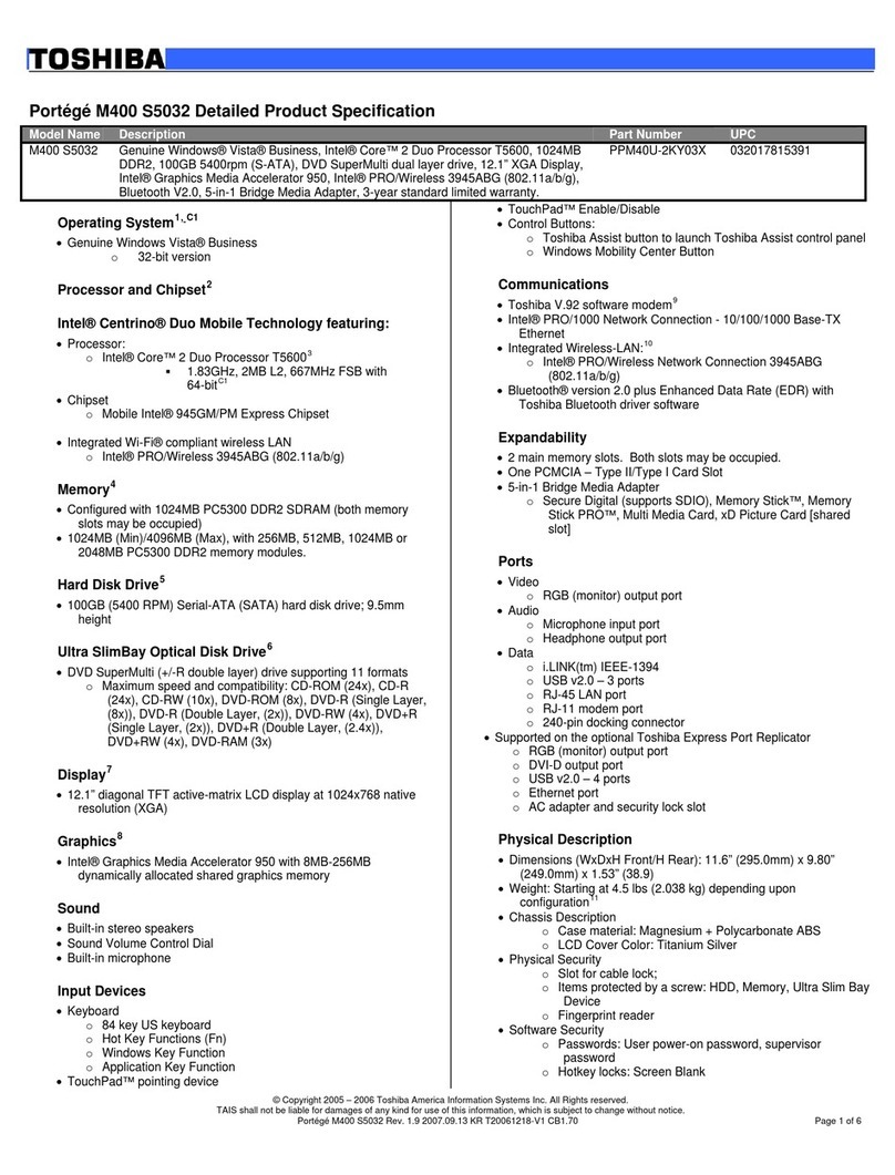 Toshiba M400-S5032 - Portege - Core 2 Duo 1.83 GHz User manual