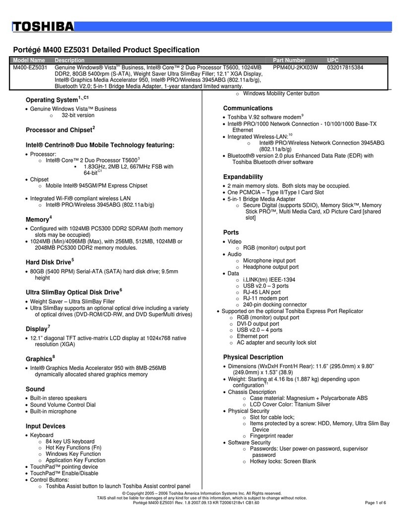 Toshiba M400-EZ5031 - Portege - Core 2 Duo 1.83 GHz User manual