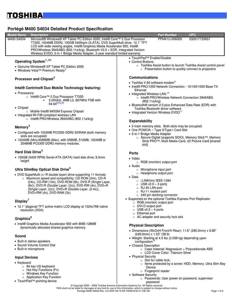 Toshiba M400-S4034 - Portege - Core 2 Duo GHz Specifications