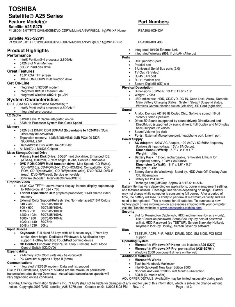 Toshiba A25-S279 - Satellite - Pentium 4 2.8 GHz User manual