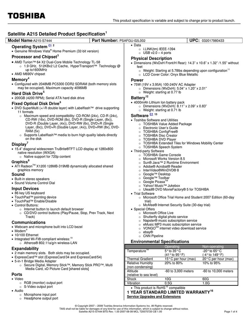 Toshiba A215S7444 - Satellite - Turion 64 X2 1.9 GHz Specifications
