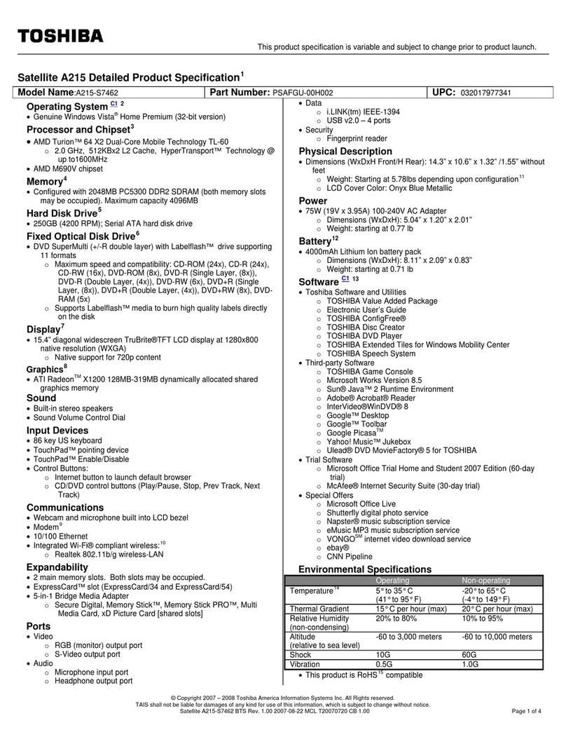 Toshiba A215-S7462 - Satellite - Turion 64 X2 2 GHz User manual Toshiba A215-S7462 - Satellite - Turion 64 X2 2 GHz User manual