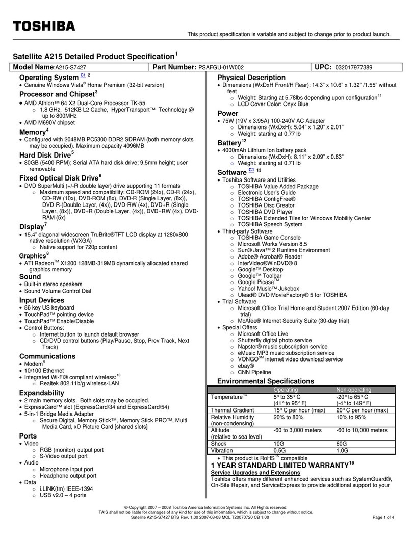 Toshiba A215-S7427 - Satellite - Athlon 64 X2 1.8... User manual