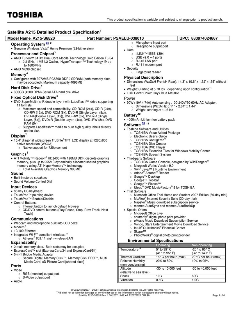 Toshiba A215-S6820 - Satellite - Turion 64 X2 2.2... User manual