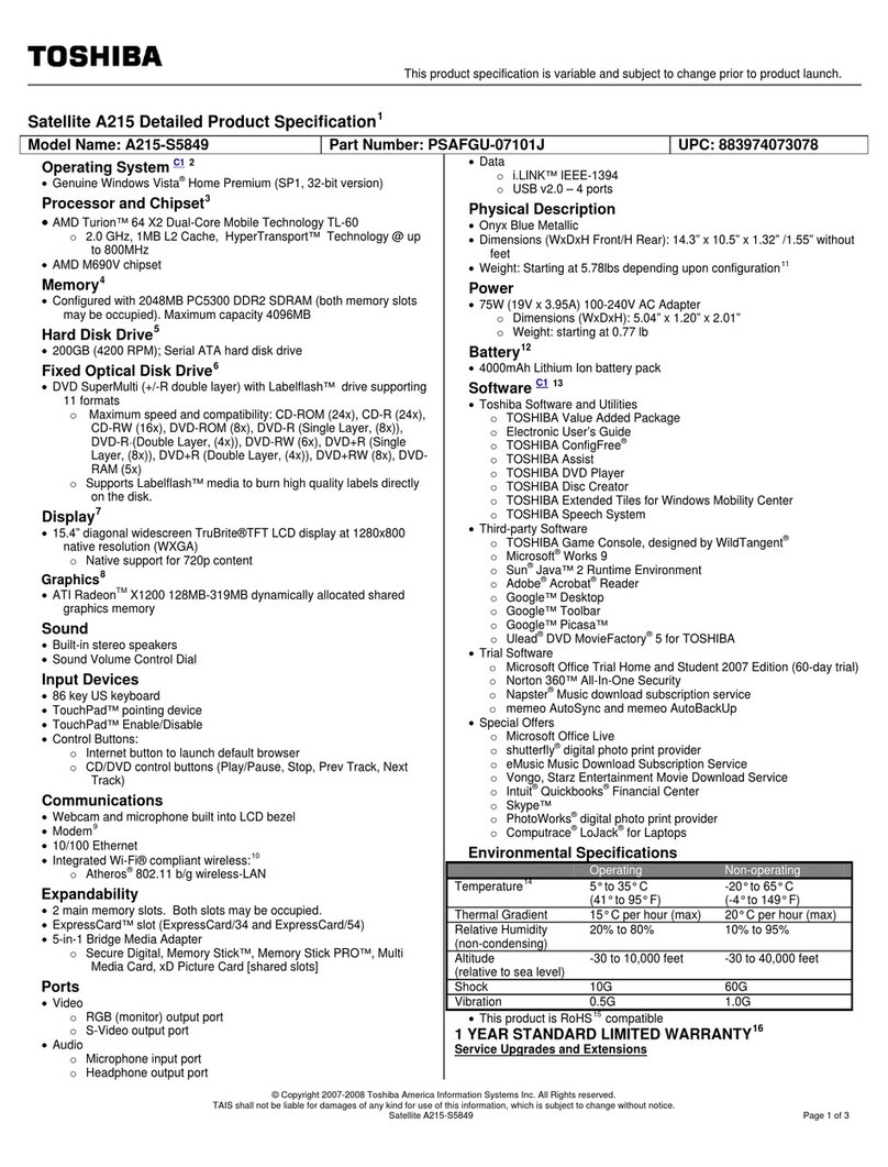Toshiba A215-S5849 - Satellite - Turion 64 X2 2 GHz User manual