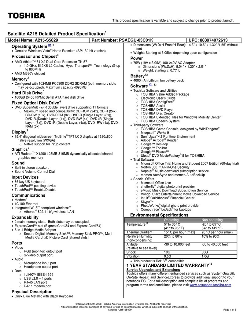 Toshiba A215-S5829 - Satellite - Athlon 64 X2 1.9... Specifications