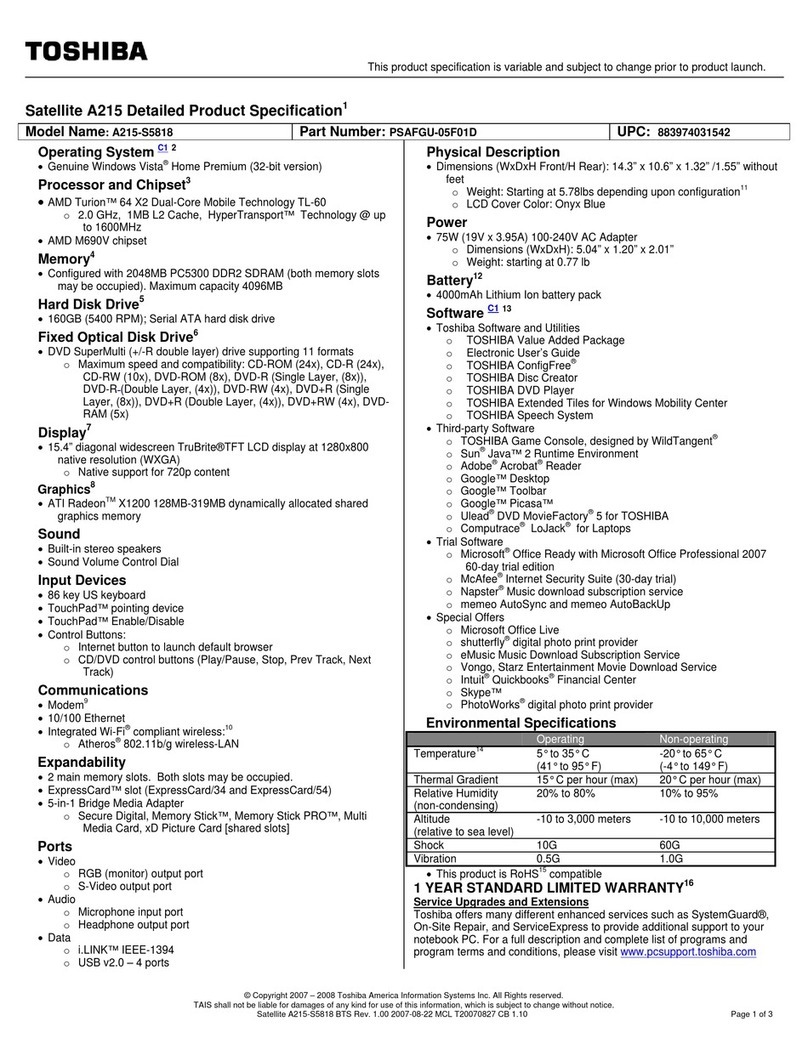 Toshiba A215-S5818 - Satellite - Turion 64 X2 2 GHz User manual