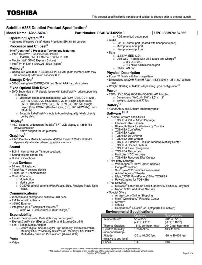 Toshiba A355-S6940 Specifications