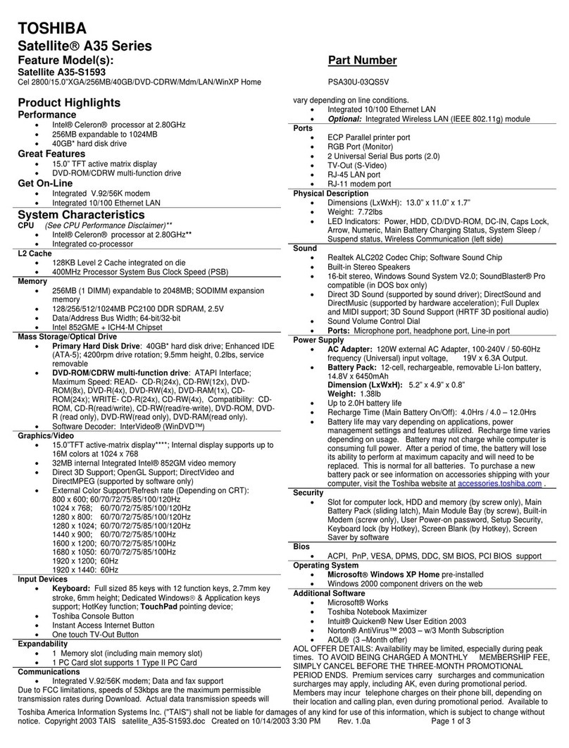 Toshiba A35-S1593 Specifications