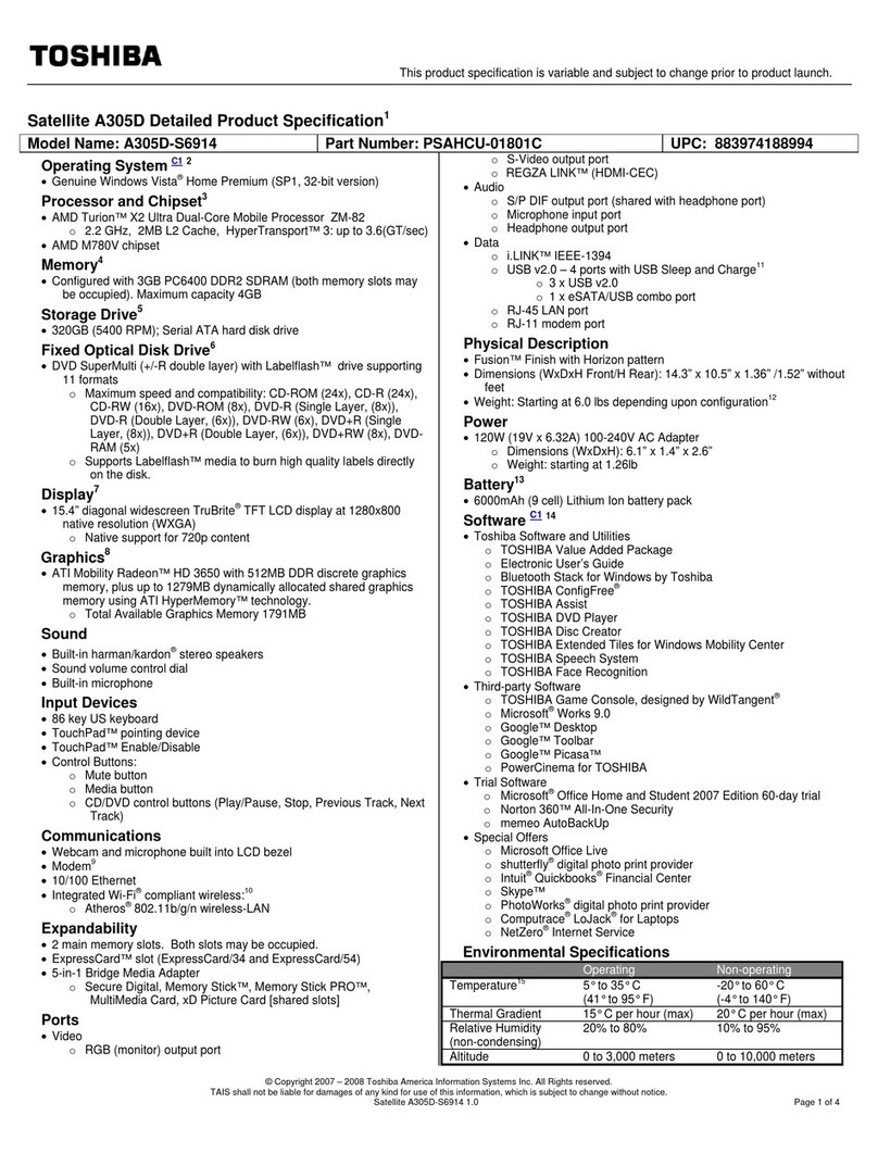Toshiba Satellite A305D-S6914 User manual