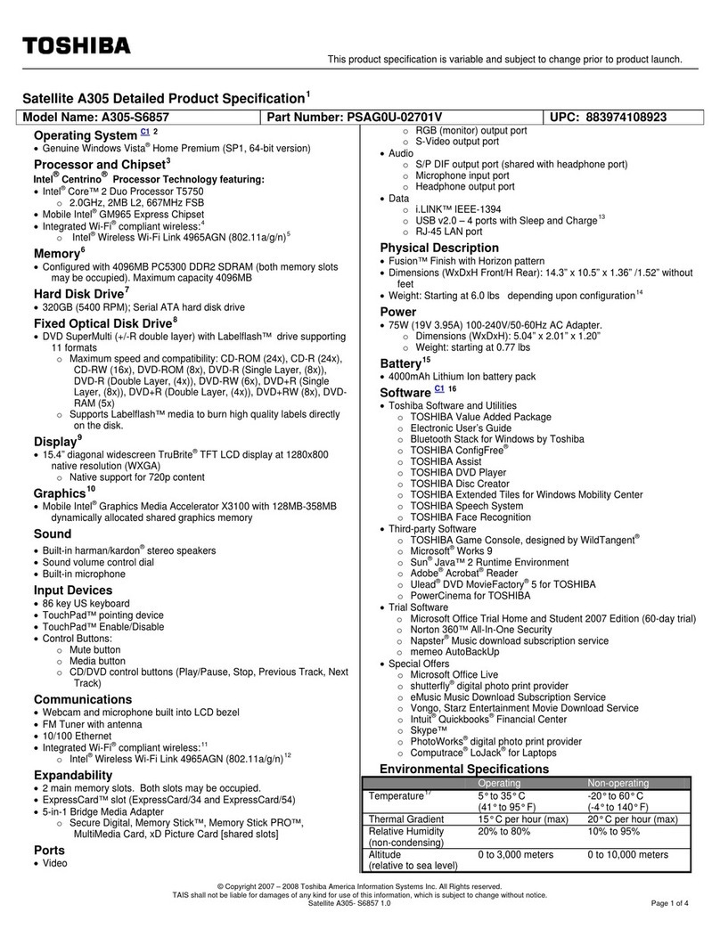 Toshiba A305-S6857 - Satellite - Core 2 Duo GHz Specifications