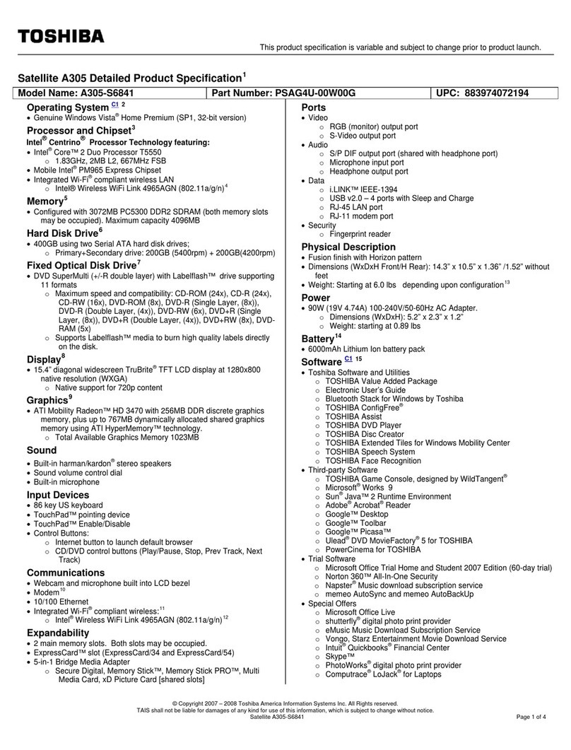 Toshiba A305-S6841 - Satellite - Core 2 Duo 1.83 GHz User manual