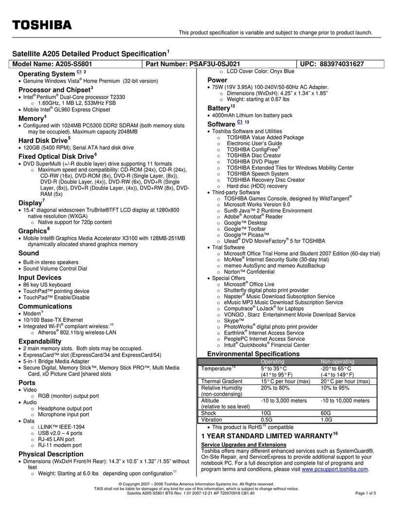 Toshiba A205-S5801 Specifications