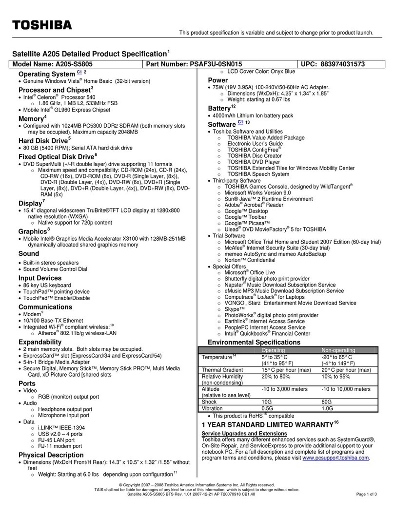 Toshiba A205-S5805 Specifications