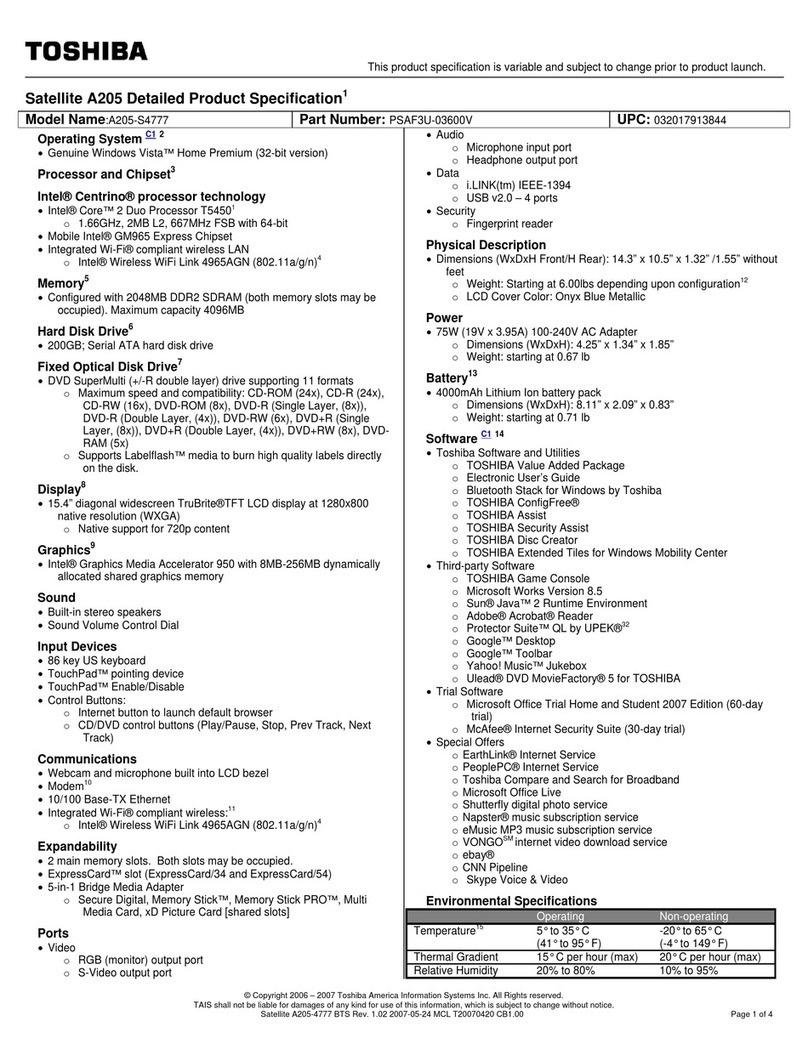 Toshiba A205-S4777 - Satellite - Core 2 Duo 1.66 GHz User manual