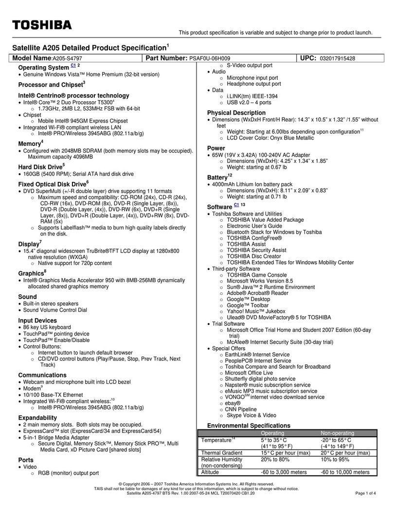 Toshiba A205-S4797 - Satellite - Core 2 Duo 1.73 GHz User manual