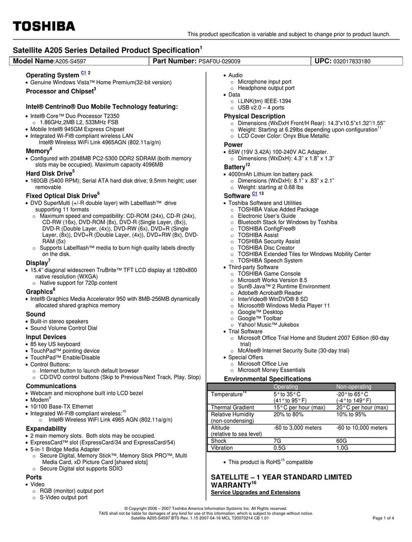 Toshiba A205-S4597 - Satellite - Core Duo 1.86 GHz User manual