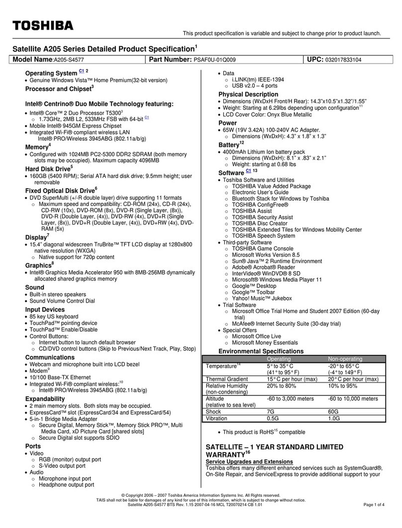 Toshiba A205-S4577 - Satellite - Core 2 Duo 1.73 GHz User manual