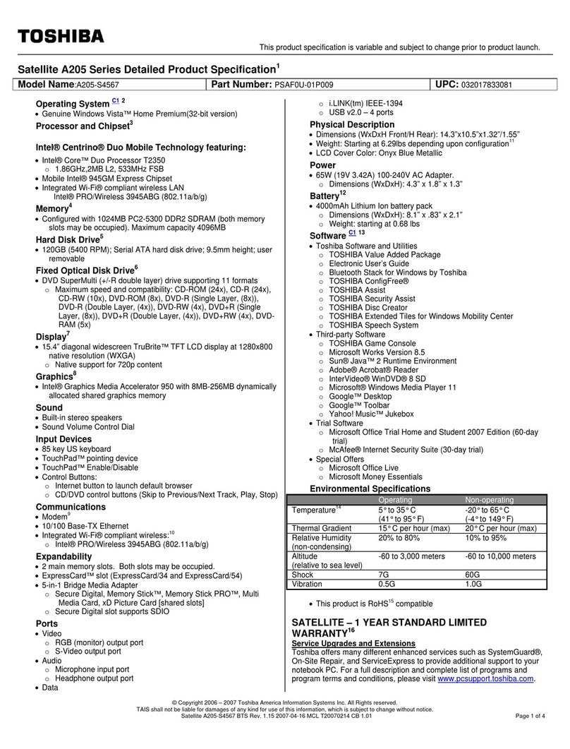 Toshiba A205-S4567 - Satellite - Core Duo 1.86 GHz User manual