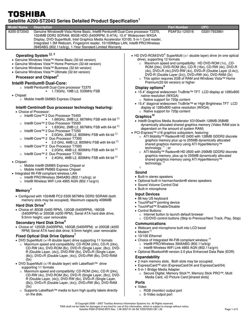 Toshiba A200-ST2043 Specifications