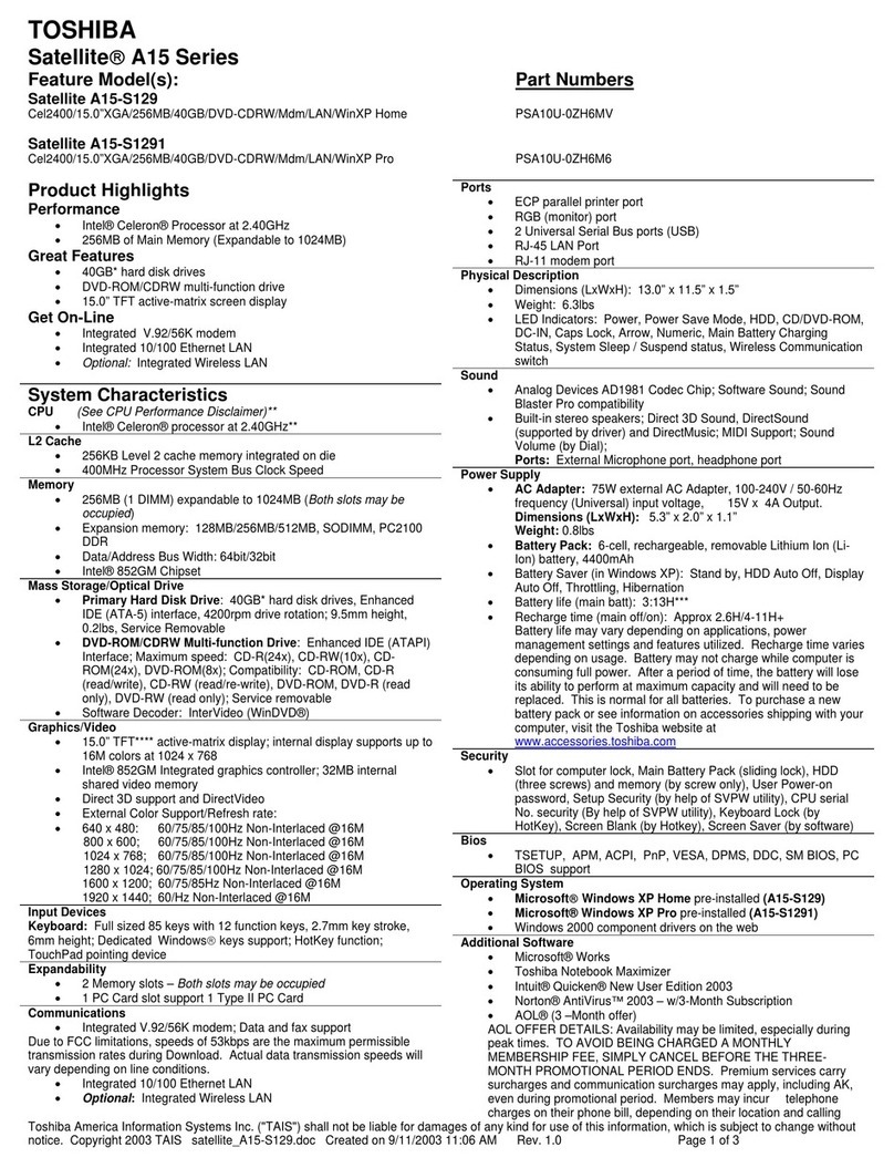 Toshiba A15-S129 - Satellite - Celeron 2.4 GHz Specifications