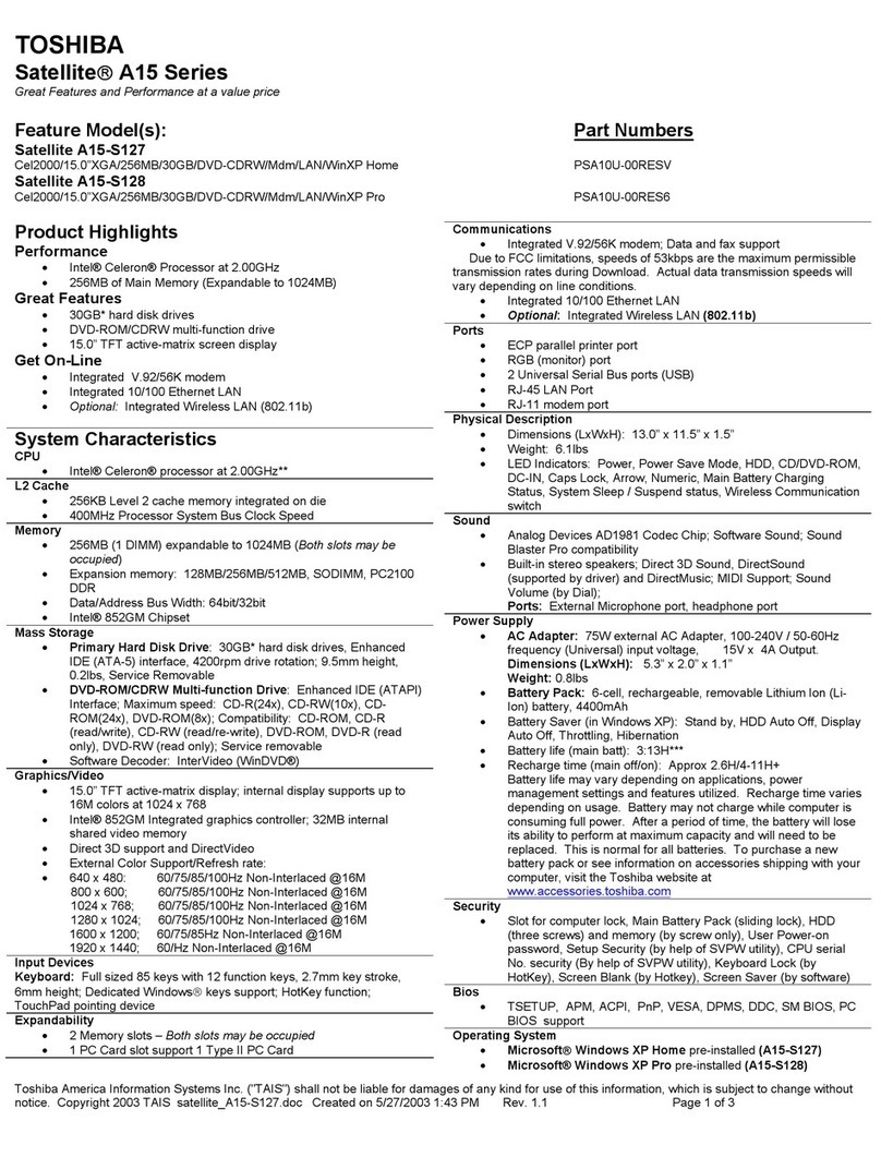 Toshiba A15-S127 - Satellite - Celeron 2 GHz User manual