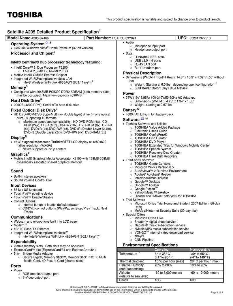 Toshiba A205-S7466 Specifications