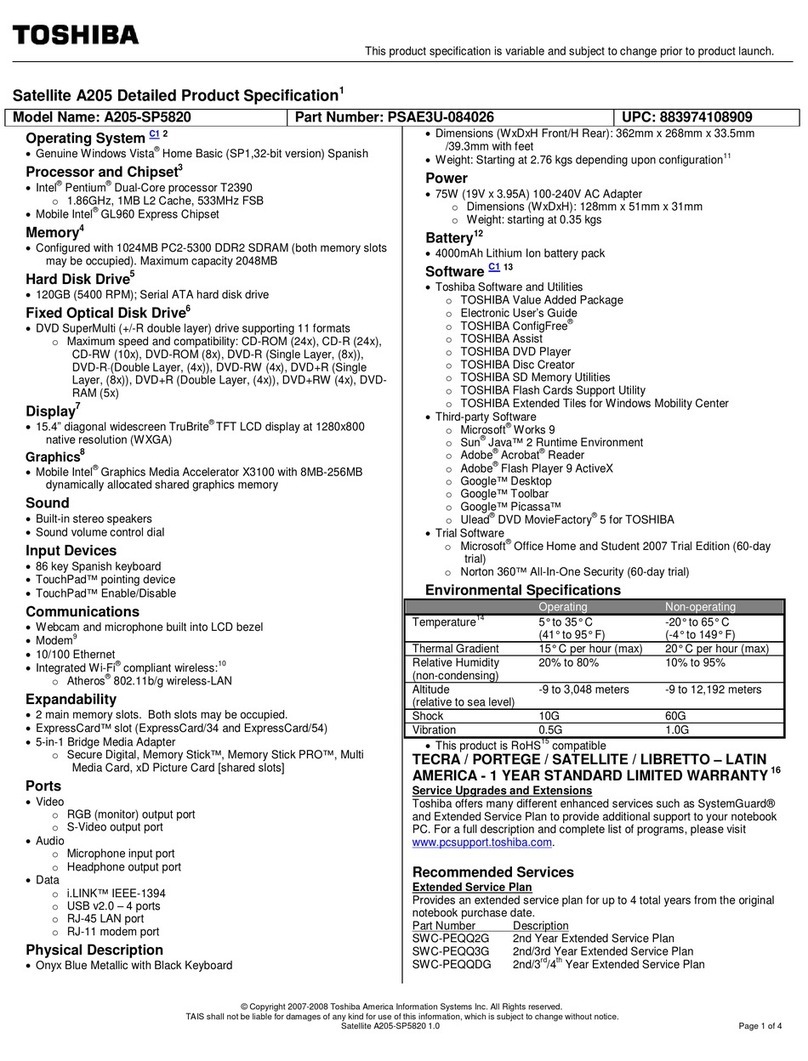 Toshiba A205-SP5820 Specifications